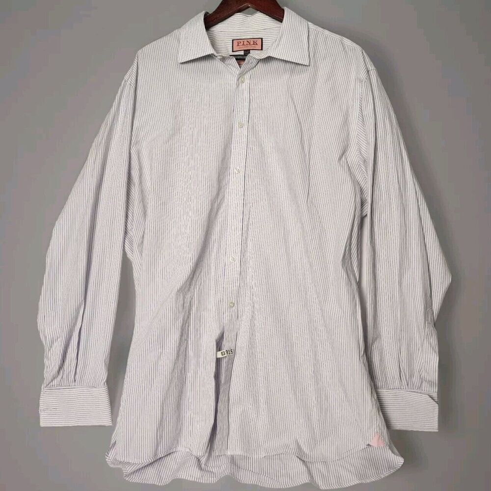 Thomas Pink Dress Shirt 18.5 / 37.5 Mens Striped Long Sleeve Button Down Shirt
